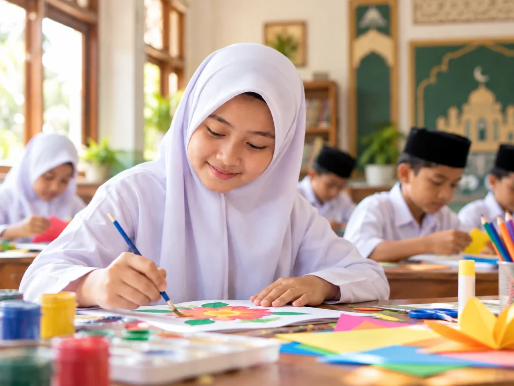 Ilustrasi anak melukis bunga di meja belajar