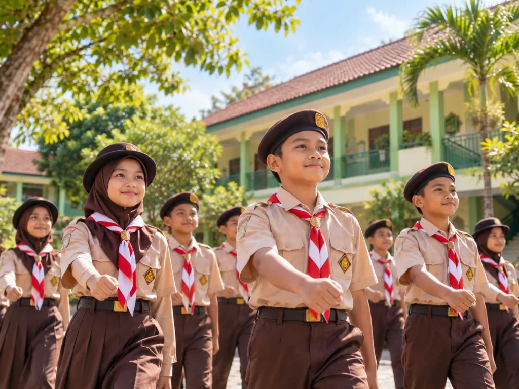 Ilustrasi anak mengikuti kegiatan pramuka di luar ruang
